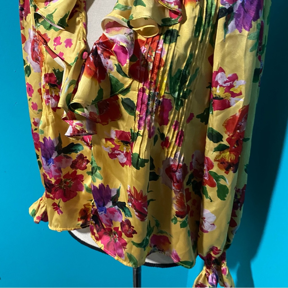 M ZARA M Yellow Colorful Floral Print Ruffle Front Long Sleeve Silky Blouse - Picture 4 of 6